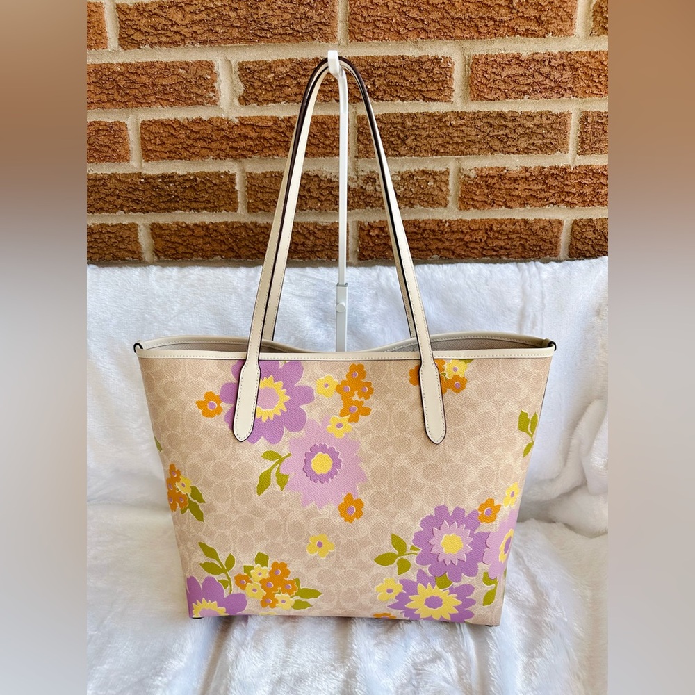 Coach Beige Floral Canvas Tote with Purple and Yellow Flowers - Picture 2 of 10